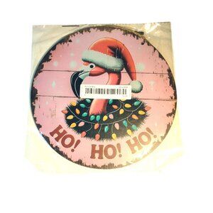 Flamingo Christmas Wall Sign Santa Hat Lights  Round Pink Wood